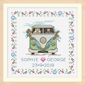 Muestrario de boda en furgoneta camper Ming K70001 MD, diseñado por Maria Diaz, kit de punto de cruz de 14 piezas, 22 cm x 22 cm