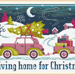 Ming K50021 MD Christmas Driving Home for Christmas Designed by Maria Diaz 14 Counted Fabric Cross Stitch kit 42 CM X 27 CM