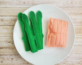 Felt Food Set, Felt Salmon Dinner, Felt Asparagus, Play Kitchen, Pretend Play Food, Play Set, Learning Toy, Toddler Gift, Preschool Toy