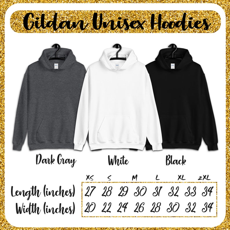 May include: Size chart for Gildan unisex hoodies in dark gray, white, and black. The chart shows the length and width in inches for sizes XS to 2XL.