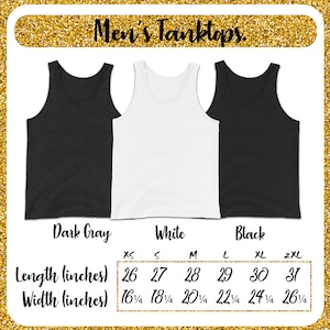 May include: Three tank tops in dark gray, white, and black. A size chart shows the length and width in inches for sizes XS, S, M, L, XL, and 2XL.