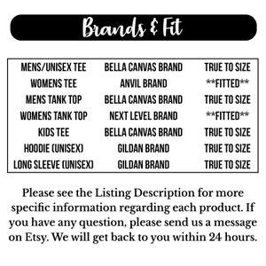 May include: A chart listing different brands of t-shirts and their fit. The brands listed are Bella Canvas, Anvil, Next Level, and Gildan. The fit options are true to size and fitted.