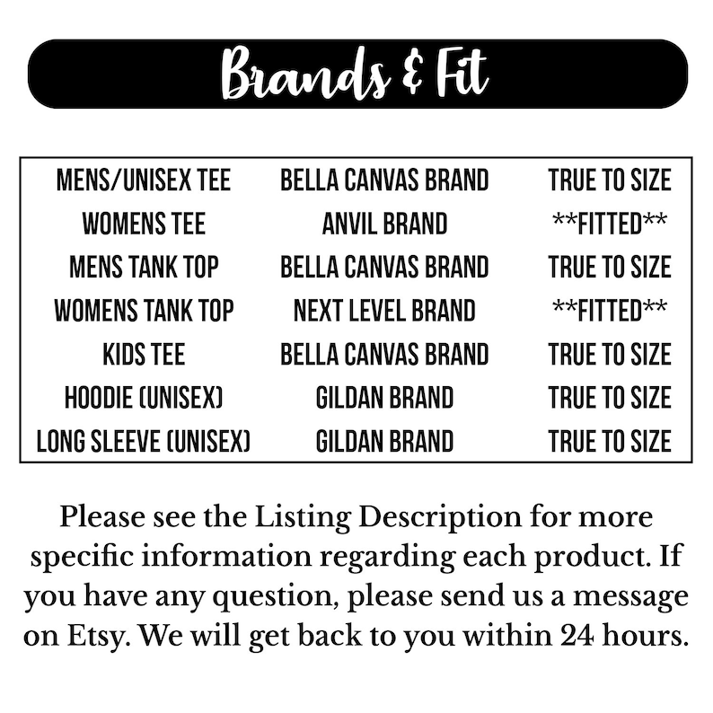 May include: A chart listing different brands of t-shirts and their fit. The brands listed are Bella Canvas, Anvil, Next Level, and Gildan. The fit options are true to size and fitted.
