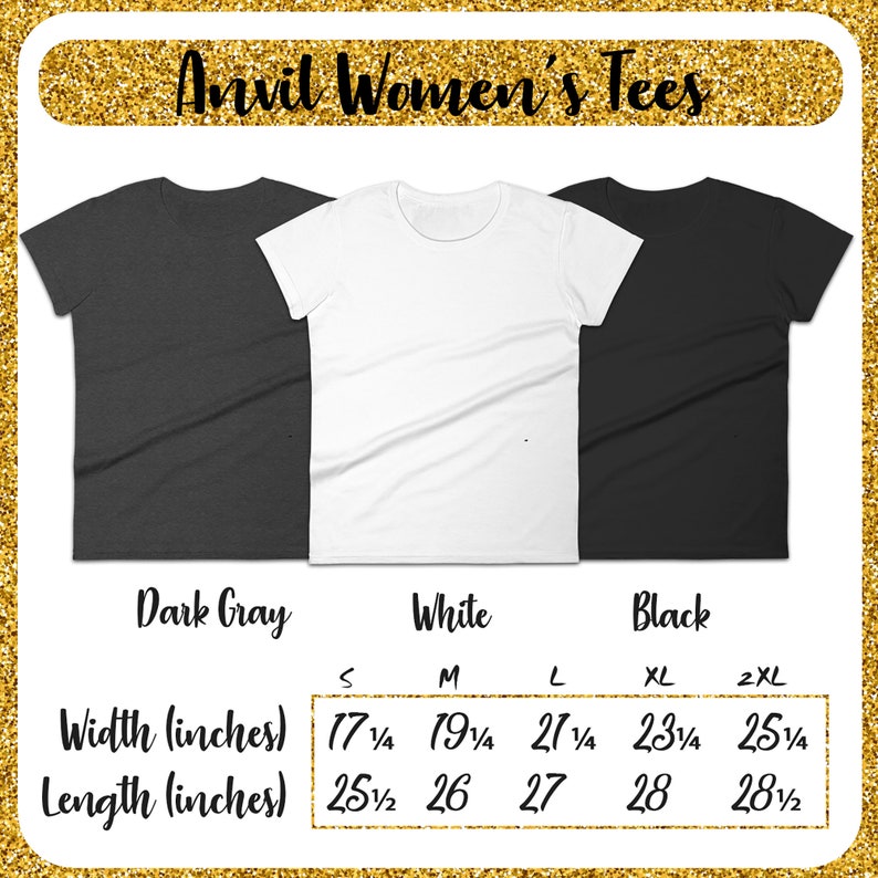 May include: Three blank t-shirts in dark gray, white, and black. A size chart shows the width and length in inches for sizes S, M, L, XL, and 2XL.