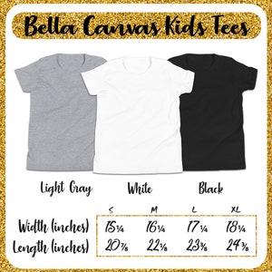 May include: Three Bella Canvas Kids Tees in light gray, white, and black. A size chart shows the width and length in inches for sizes S, M, L, and XL.