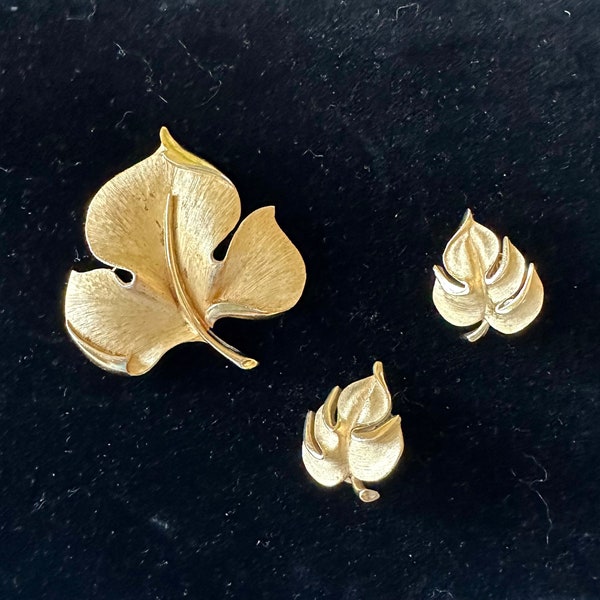 1960s Crown Trifari Leaf Brooch and Clip Earrings