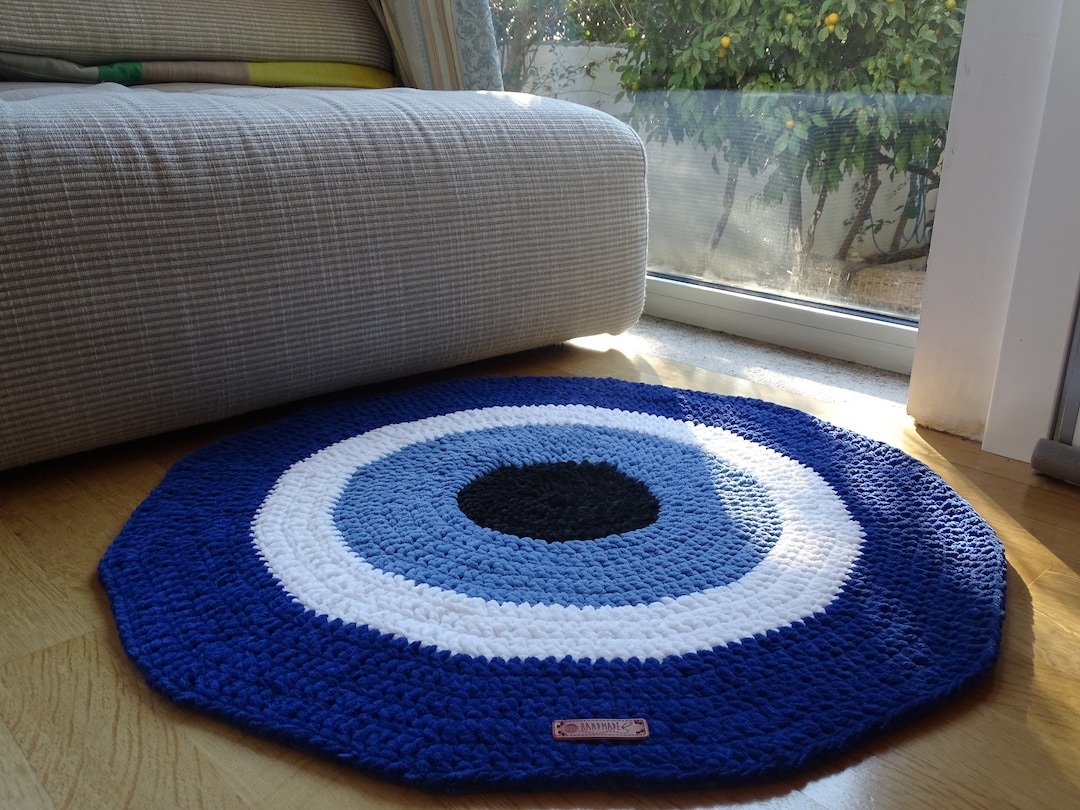 Velvet Lucky Charm Round Carpet, Blue Rug, Nursery Rug, Crochet Rug