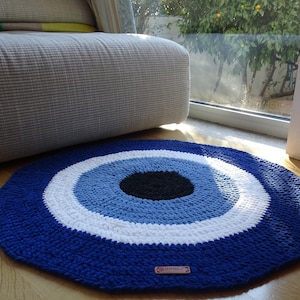 Blauer Teppich, Kinderzimmerteppich, Häkelteppich, Bodenteppich, Wohnzimmerteppich, Baumwollteppich, Runde Häkelmatte, Nazar, Evil Eye Rug