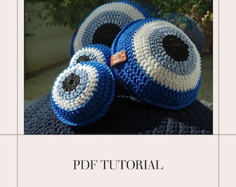 PDF tutorial on how to crochet Evil Eye Pillow 10 inches/25cm, Decorative Circle Double Sided pillow with video tutorial