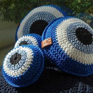 Evil Eye Knit Pillow, Nazar Crochet Pillow, Decorative Pillow, Circle Pillow, Macrame Cord Pillow, Stuffed Pillow, Double Sided image 1