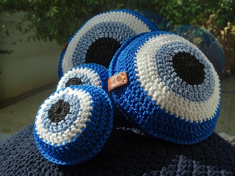 Evil Eye Knit Pillow, Nazar Crochet Pillow, Decorative Pillow, Circle Pillow, Macrame Cord Pillow, Stuffed Pillow, Double Sided image 1