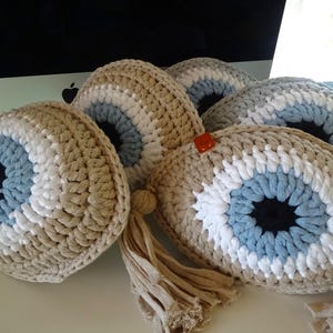 Evil Eye Knit Pillow, Nazar Crochet Pillow, Decorative Pillow, Cotton Cord Pillow, Stuffed Pillow, Double Sided