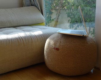 Puf/otomano relleno de ganchillo de ratán de cordel de yute natural, cojín para el suelo, cojín para los pies, asiento, pichón, zabuton