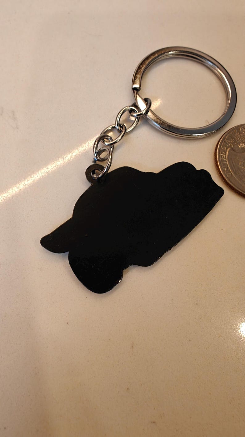 May include: A black metal keychain with a car silhouette attached to a silver chain and ring.