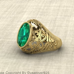 Emerald Gemstone Signet Ring for Men | Handmade Brass Statement Ring | Unique Emerald Jewelry Gift | Engagement or Wedding Ring for Him