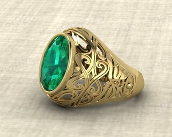 Emerald Gemstone Signet Ring for Men | Handmade Brass Statement Ring | Unique Emerald Jewelry Gift | Engagement or Wedding Ring for Him