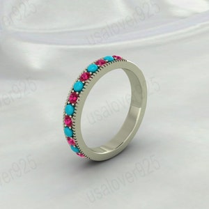 Turquoise Ruby Sterling Silver Half Eternity Band - Stackable Multi Stone Ring for Women - Minimalist Promise Jewelry - Modern Jewellery