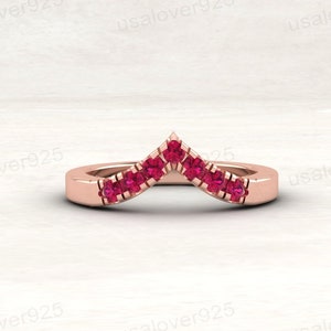 Ruby Chevron Wedding Band in Sterling Silver, V Shape Half Eternity Stacking Ring her