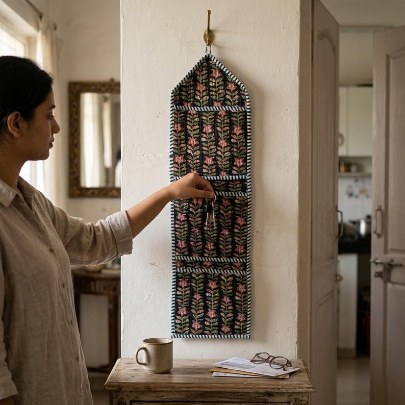 Floral Fabric Wall Hanging Organizer, Handcrafted Cotton Pocket Storage, Boho Mail Letter Holder