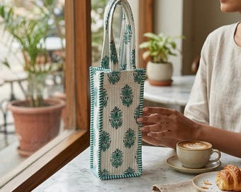 Green Floral Quilted Water Bottle Bag, Handcrafted Cotton Wine Holder, Travel Drink Carrier