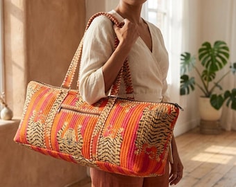 Tiger Print Quilted Yoga Bag - Large Orange Hand Block Print Cotton Tote