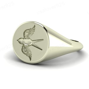 Sparrow Engraved Signet Handmade Ring - 925 Solid Sterling Silver - Unique Art Deco Jewelry - Handcrafted Modern Jewellery
