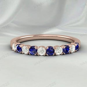 Blue Sapphire Anniversary Band, Half Eternity Band, Stacking Matching Ring, Minimalist Sapphire Wedding Ring, Thin Stackable Band for Women