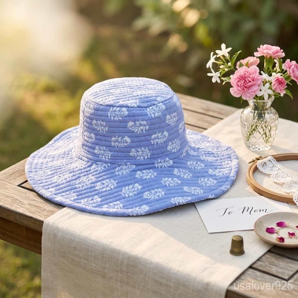 Sky Blue Quilted Cotton Bucket Hat, Reversible Handmade Boho  display picture 1