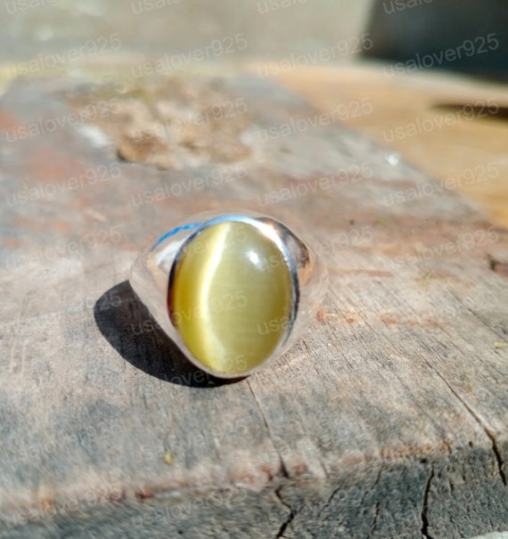 men ring tiger eye cat eye natural flat semi precious oval stone ottom –  Abu Mariam Jewelry