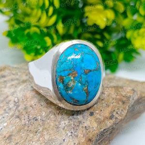 Blue Copper Turquoise Men&#39;s Ring | Oval Stone Handmade Jewelry | Gift for Him | Handcrafted Trendy Jewellery