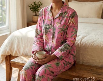 Pink Tropical Safari Pajama Set - Hand Block Print Cotton Nightwear - Exotic Animal Print Loungewear for Women