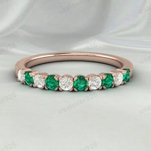 Emerald & Diamond Wedding Band | Green Gemstone Eternity Anniversary Ring | Dainty Stacking Band for Women | 925 Sterling Silver Jewelry