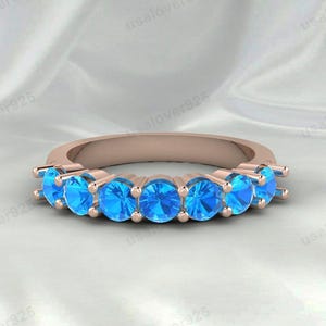 London Blue Topaz Wedding Band, Unique Half Eternity Stacking Ring, Matching Promise Anniversary Ring for Women