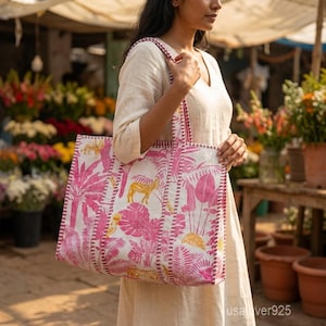 Pink Floral Quilted Cotton Tote Bag with Hand Printed Pattern and Large Shoulder Handles