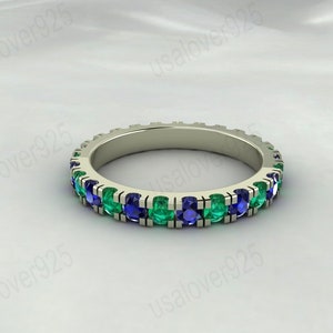 Sapphire Emerald Full Eternity Band - 925 Sterling Silver - Matching Women&#39;s Engagement Ring - Multi Stone Bridesmaid Jewelry - Gift For Her