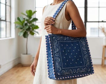 Blue Bandana Quilted Cotton Tote Bag with Paisley Print and Double Shoulder Straps
