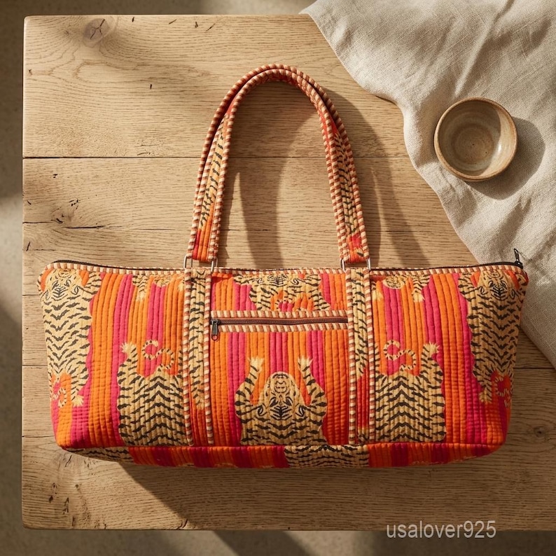 Tiger Print Quilted Yoga Bag - Large Orange Hand Block Print Cotton Tote
