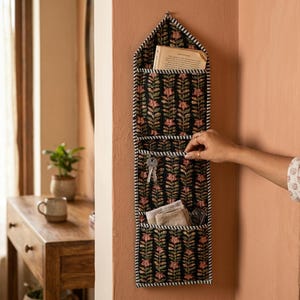 Floral Fabric Wall Hanging Organizer, Handcrafted Cotton Pocket Storage, Boho Mail Letter Holder