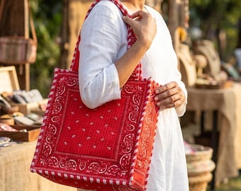 Red Bandana Quilted Tote Bag with Paisley Print and Double Handle Shoulder Straps
