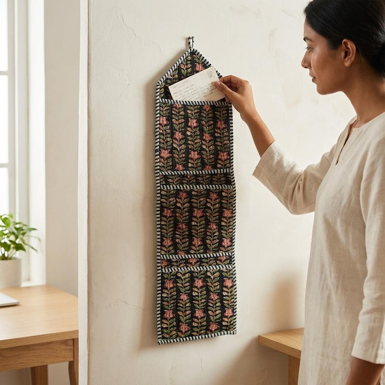 Floral Fabric Wall Hanging Organizer, Handcrafted Cotton Pocket Storage, Boho Mail Letter Holder