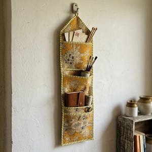 Mustard Yellow Quilted Cotton Hanging Wall Organizer, Handcrafted Multi Pocket Fabric Jewelry Hanger