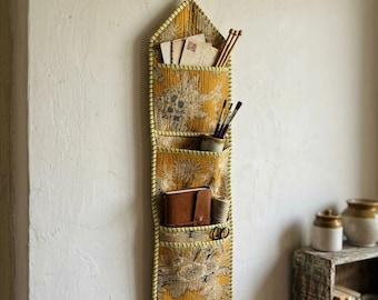 Mustard Yellow Quilted Cotton Hanging Wall Organizer, Handcrafted Multi Pocket Fabric Jewelry Hanger