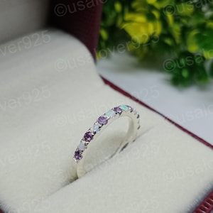 Fire Opal and Alexandrite Full Eternity Wedding Band - 925 Sterling Silver - Unique Stacking Ring for Engagement and Special Occasions