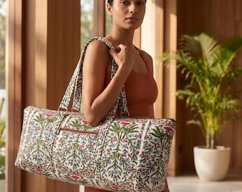 Gesteppte Yogamattentasche aus grüner Baumwolle mit Rankenmuster, handgefertigte Schultertasche, blaue Fitness-Tasche mit Blumenmuster