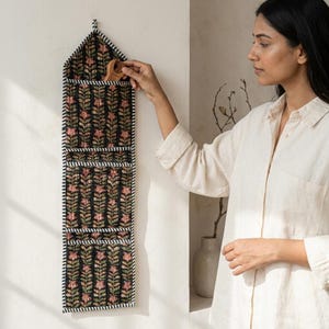 Floral Fabric Wall Hanging Organizer, Handcrafted Cotton Pocket Storage, Boho Mail Letter Holder