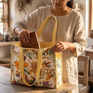 Quilted Cotton Tote Bag with Artisan Pattern Prints and Large Shoulder Handles