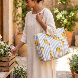 Quilted Cotton Tote Bag with Artisan Pattern Prints and Large Shoulder Handles
