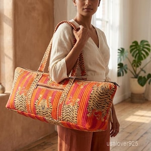 Tiger Print Quilted Yoga Bag - Large Orange Hand Block Print Cotton Tote
