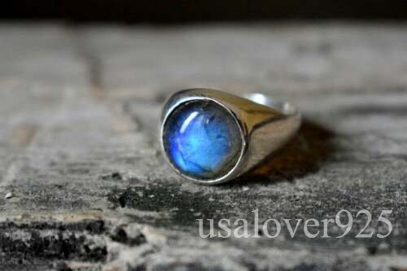 Handmade Mens Ring 50/% OFF Natural Blue Labradorite Gemstone Mens Ring 925 Sterling Silver Ring Gift For Men Round Stone Ring Band Ring