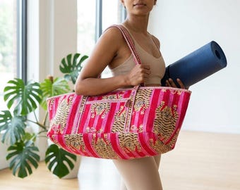 Gesteppte Yoga-Tasche aus Baumwolle mit rosa Tigermotiv, handgefertigt, Pilates-Mattenträger, Geschenk für Sie